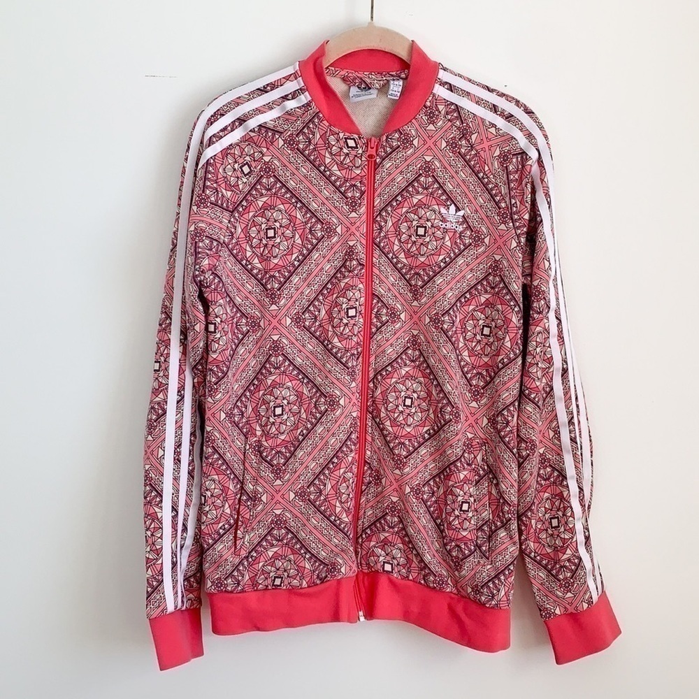Adidas Pink Geometric Print Zip Up Track Jacket Y2K